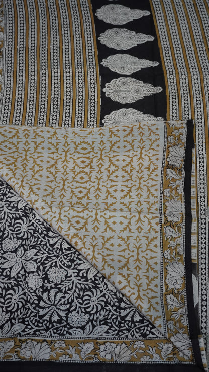 Mul Mul Cotton Saree Black Floral