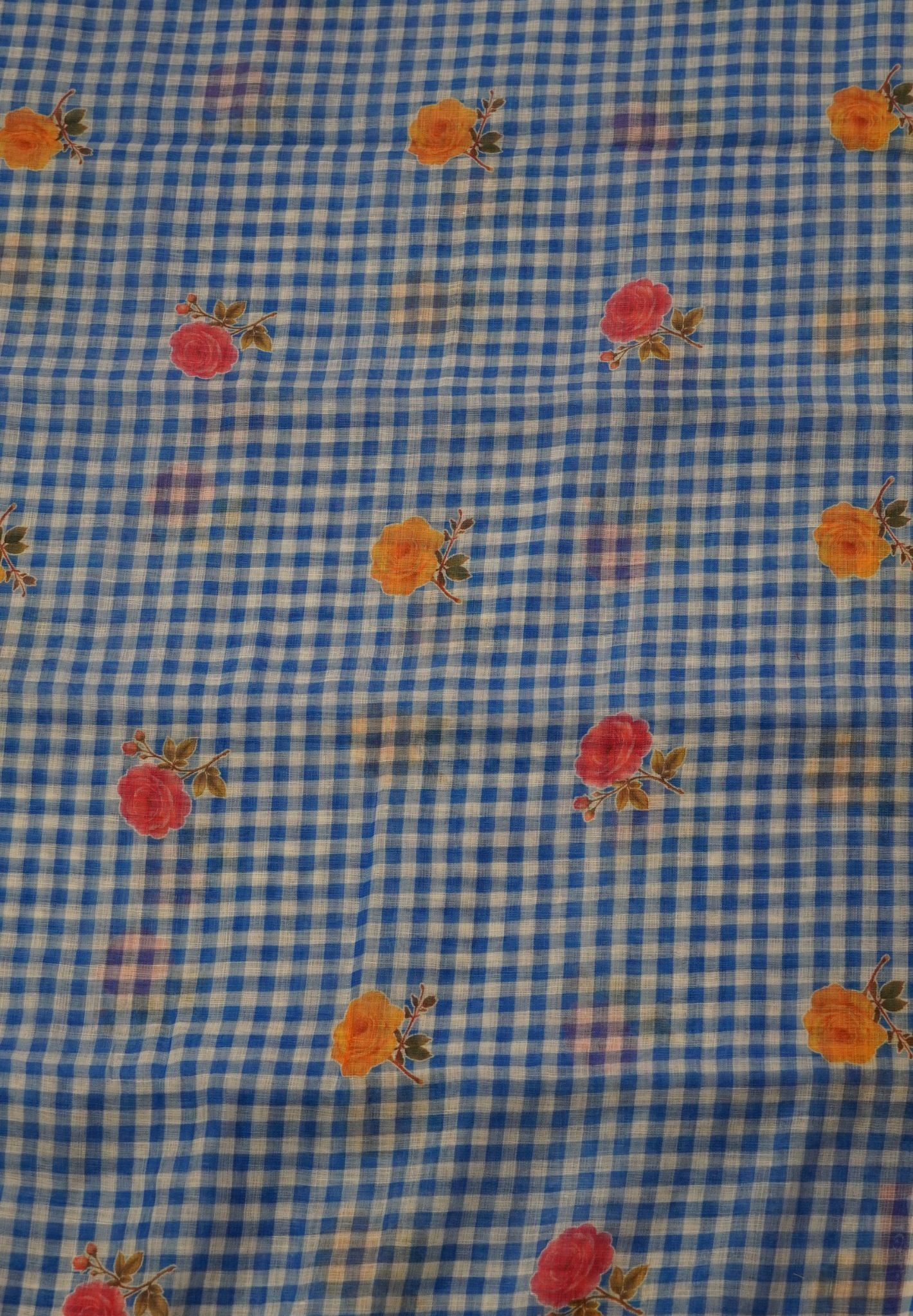 Linen Saree - Checks Blue