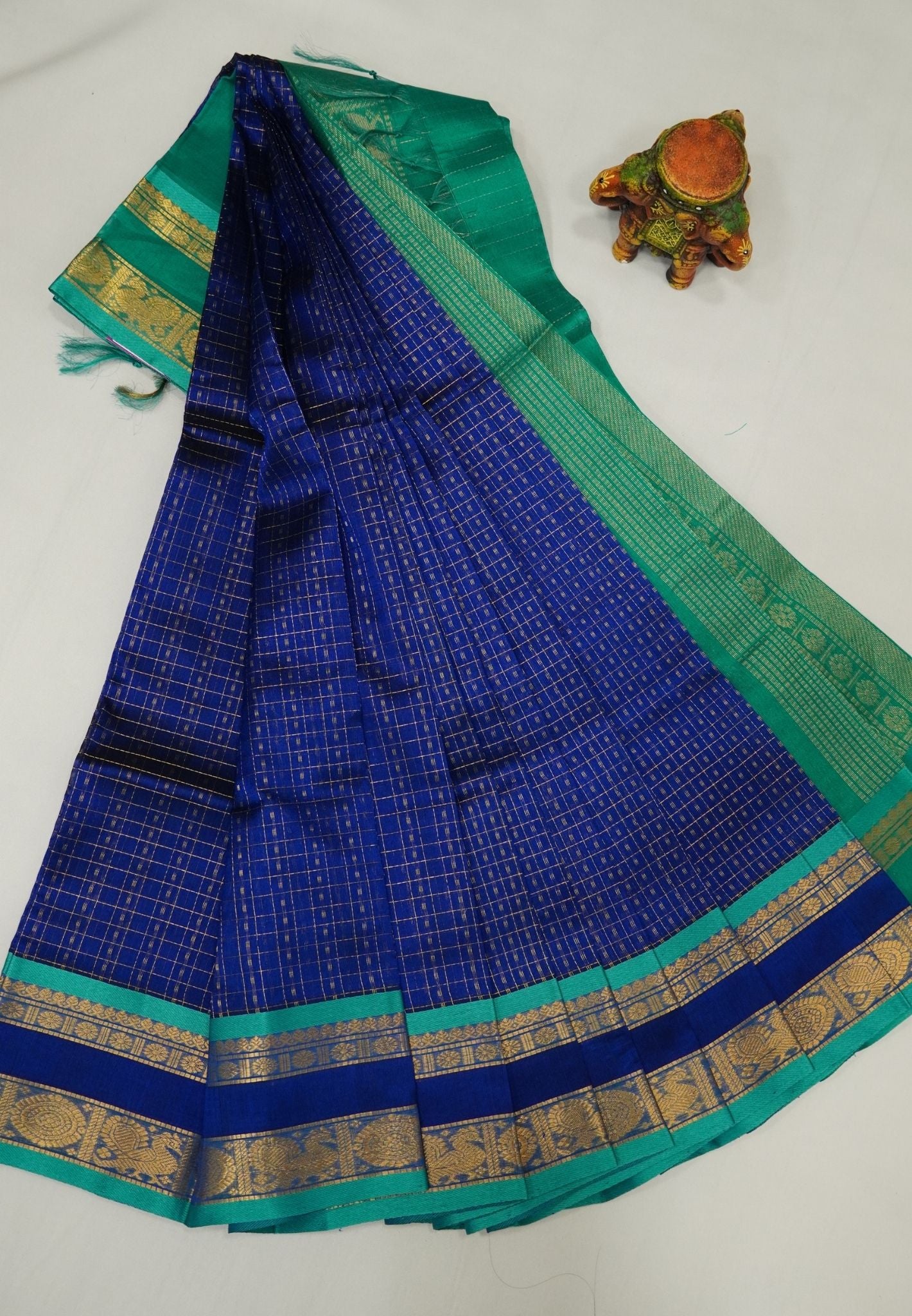 Pure Silk Cotton Saree-MS Blue in Golden Zari Checks with Contrast Border
