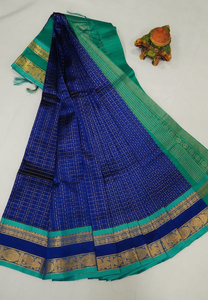 Pure Silk Cotton Saree-MS Blue in Golden Zari Checks with Contrast Border