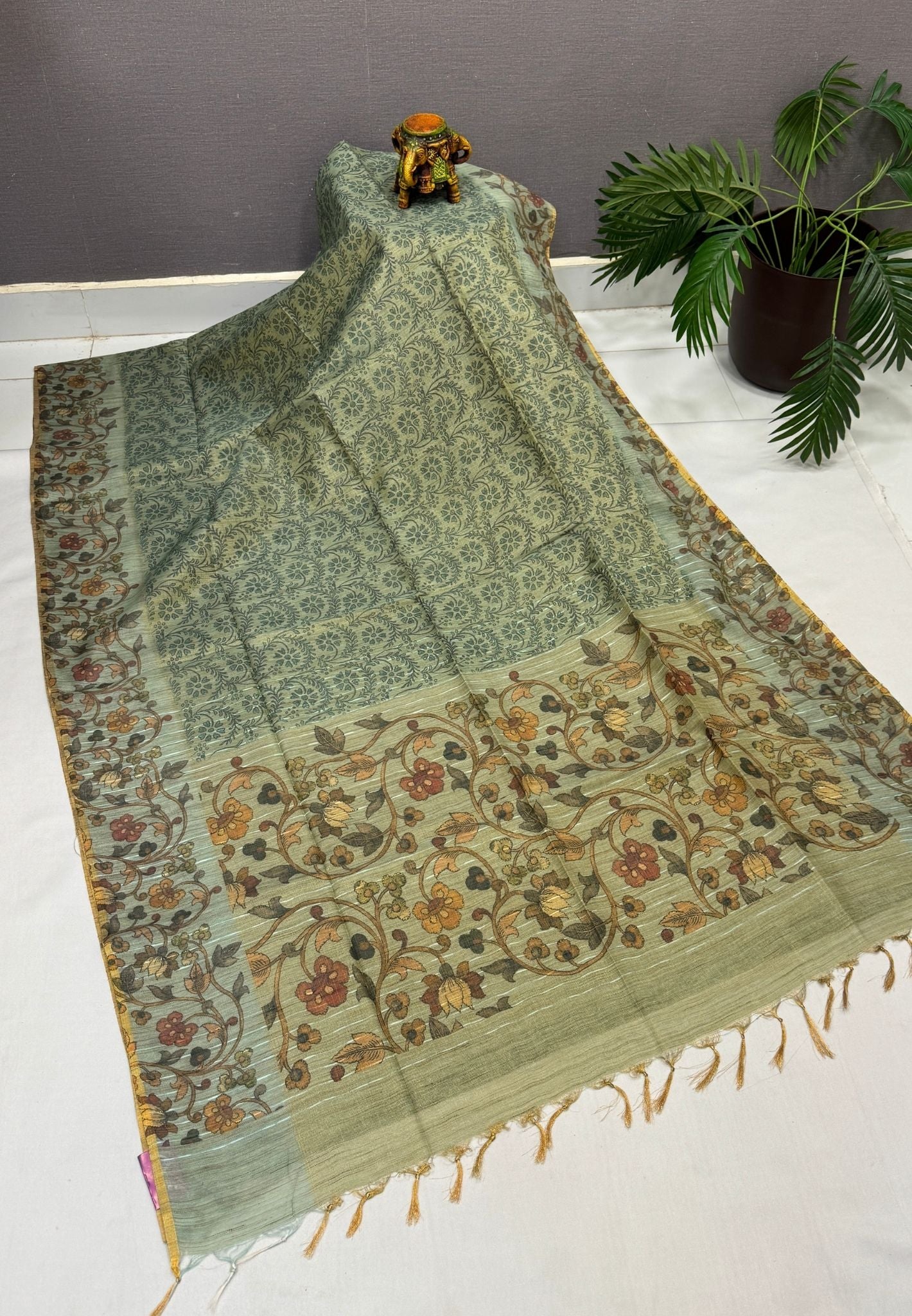 Tissue Saree-Sea Blue In Floral Vine Kalamkari Border