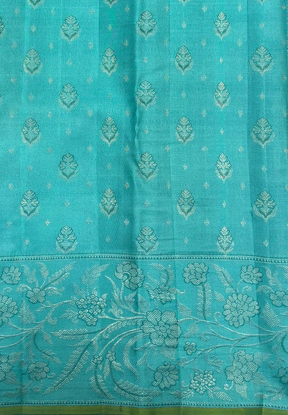 Pure Kanchipuram Silk Saree-Sky Blue in Floral Vine Brocade Border