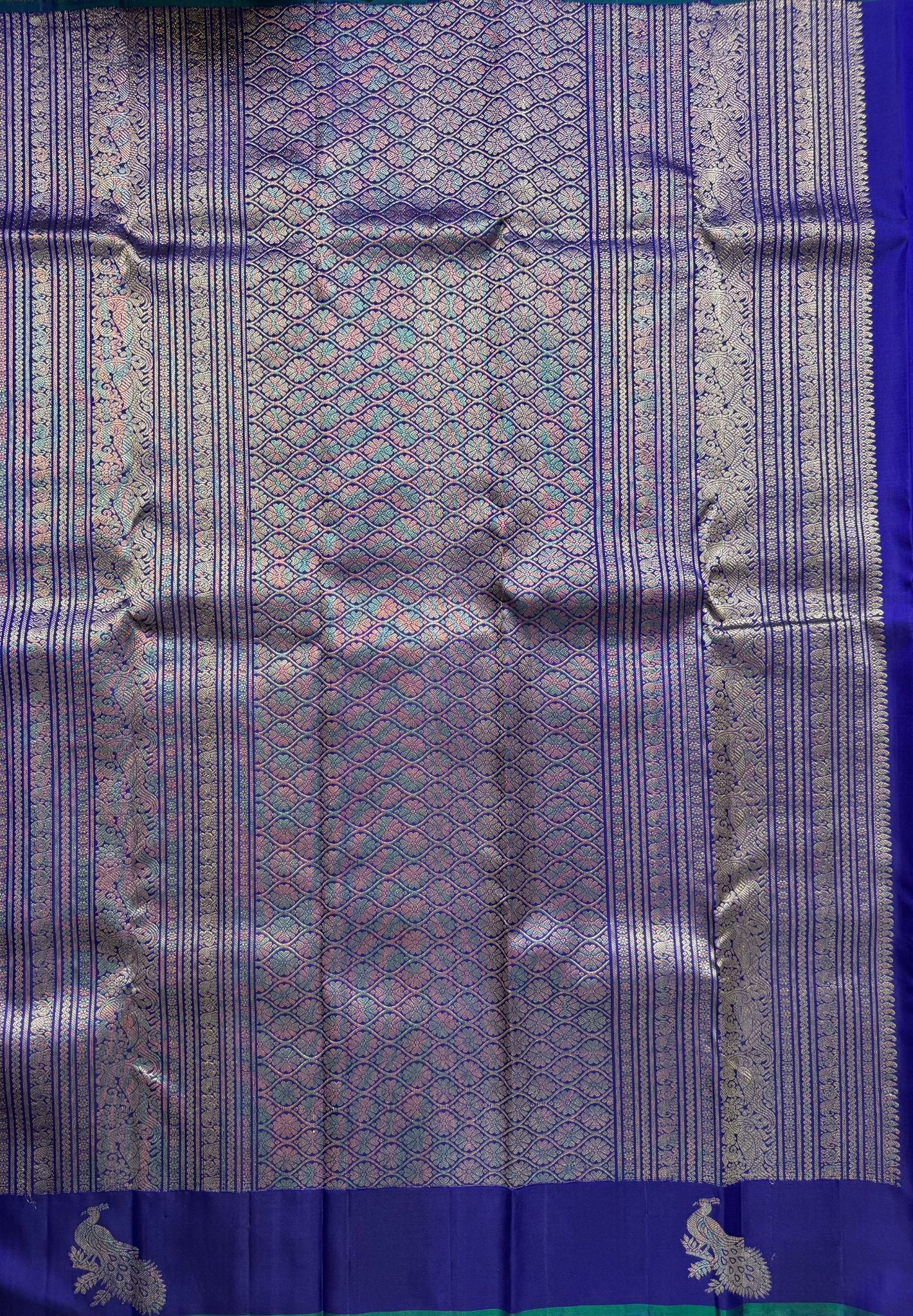 Pure Kanchipuram Silk Saree – Ink Blue with Silver Zari Peacock Motifs