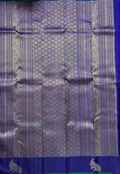 Pure Kanchipuram Silk Saree – Ink Blue with Silver Zari Peacock Motifs