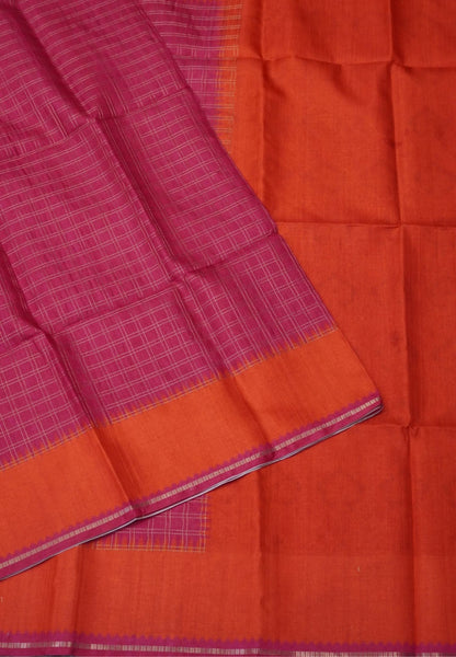 Semi Matka Tussar Saree-Pink with Contrast Border and Zari Checks