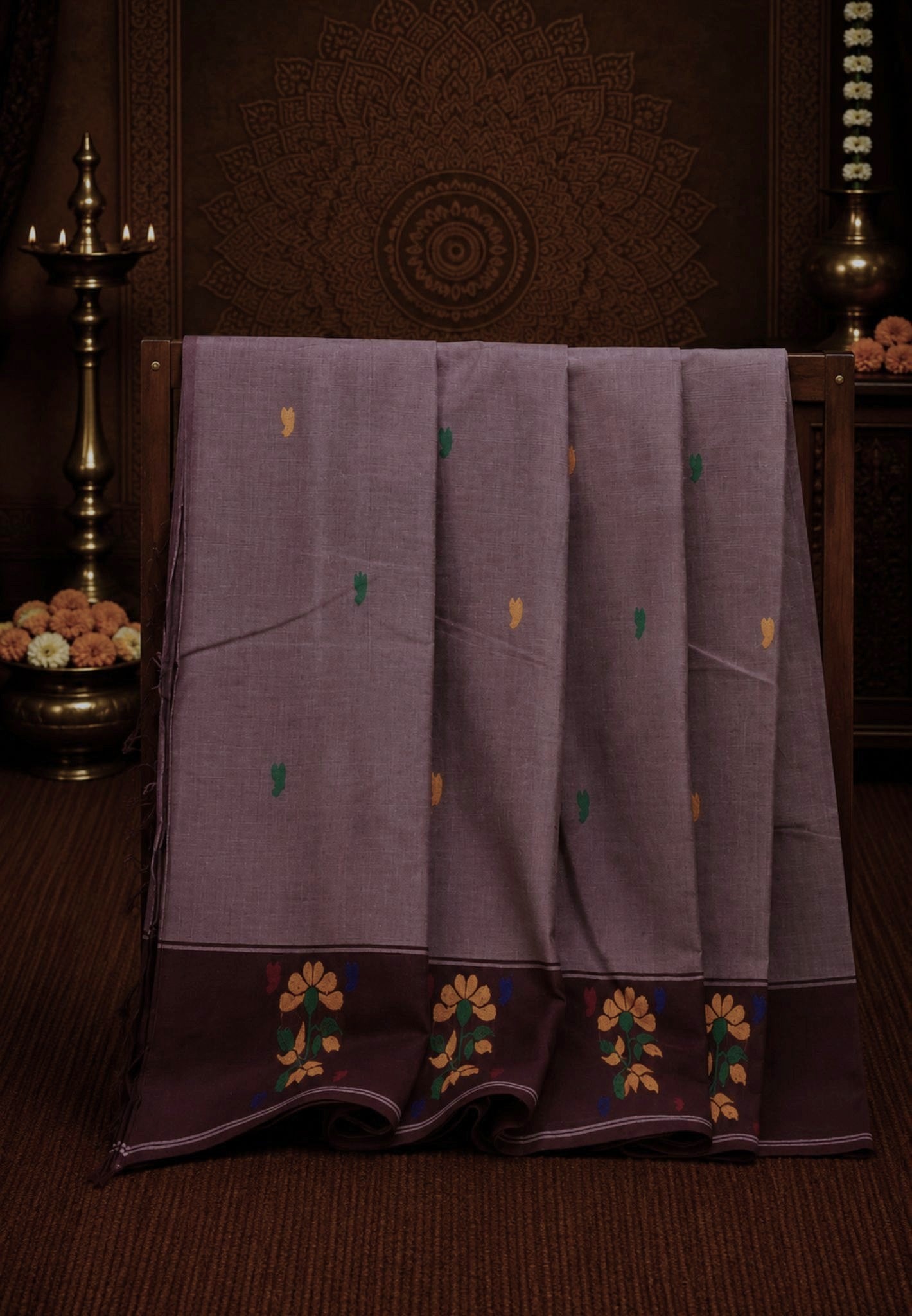 Chettinad Cotton Saree-Mauve Pink With Floral Bouquet Border