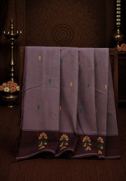 Chettinad Cotton Saree-Mauve Pink With Floral Bouquet Border