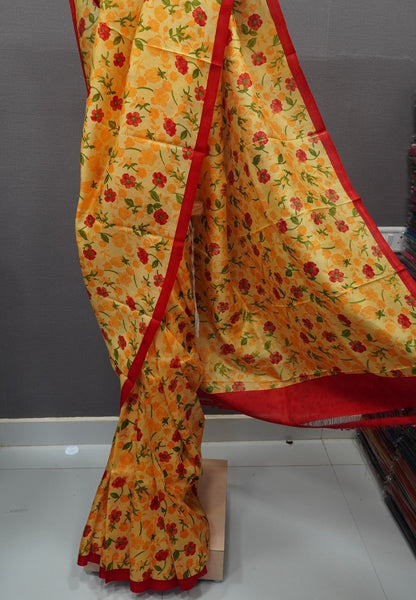 Pure Tussar Saree-Yellow with Contrast in Floral Pattern