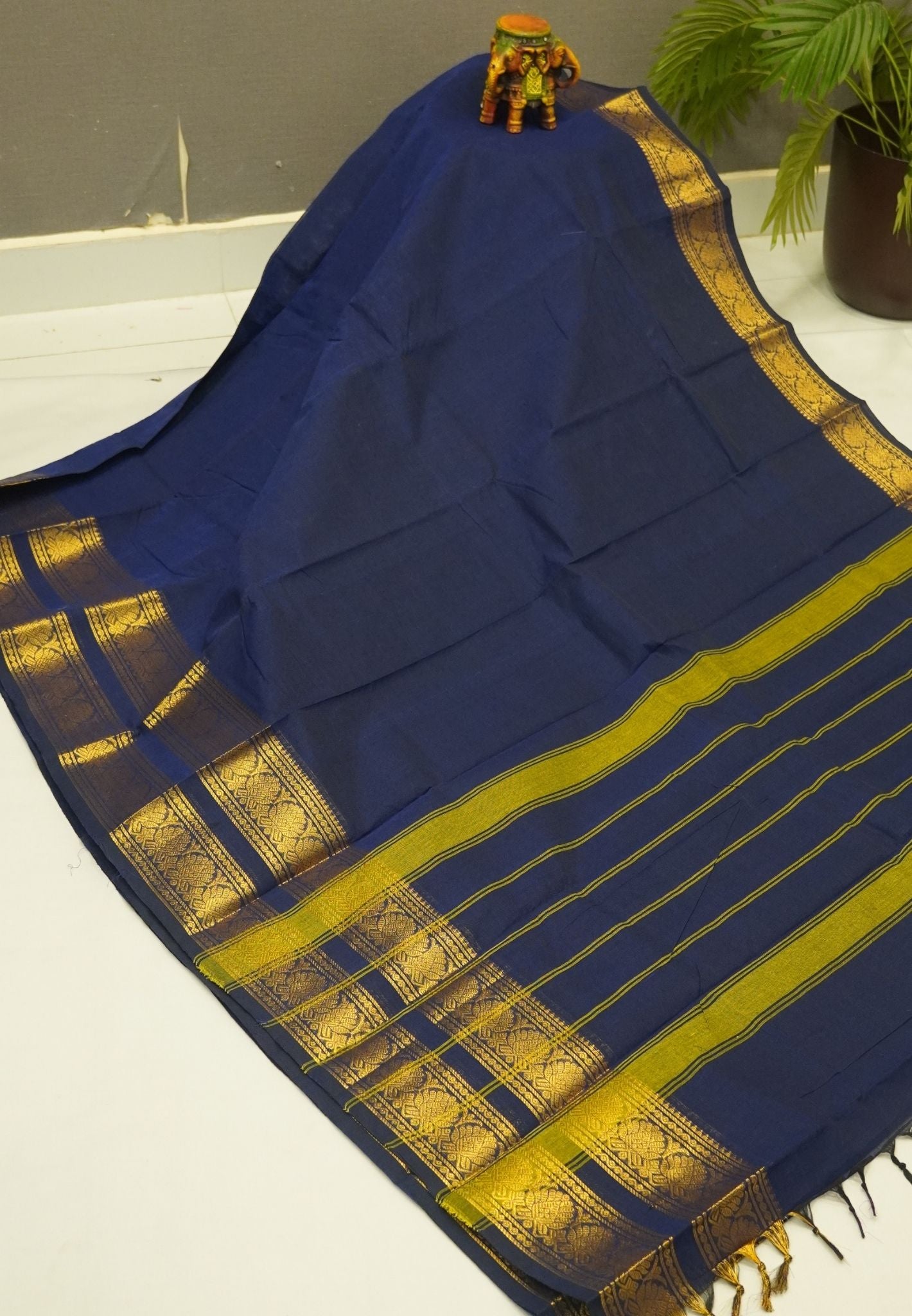 Chettinadu Cotton Saree-Navy Blue with Floral Zari Border