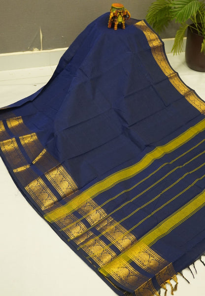 Chettinadu Cotton Saree-Navy Blue with Floral Zari Border