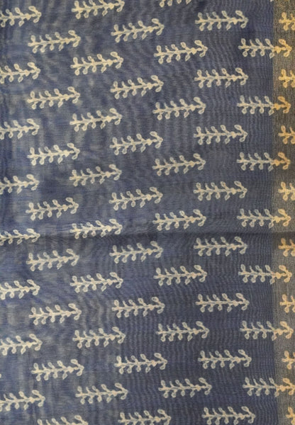 Semi Chanderi Saree-Blue with Peacock Embroidery