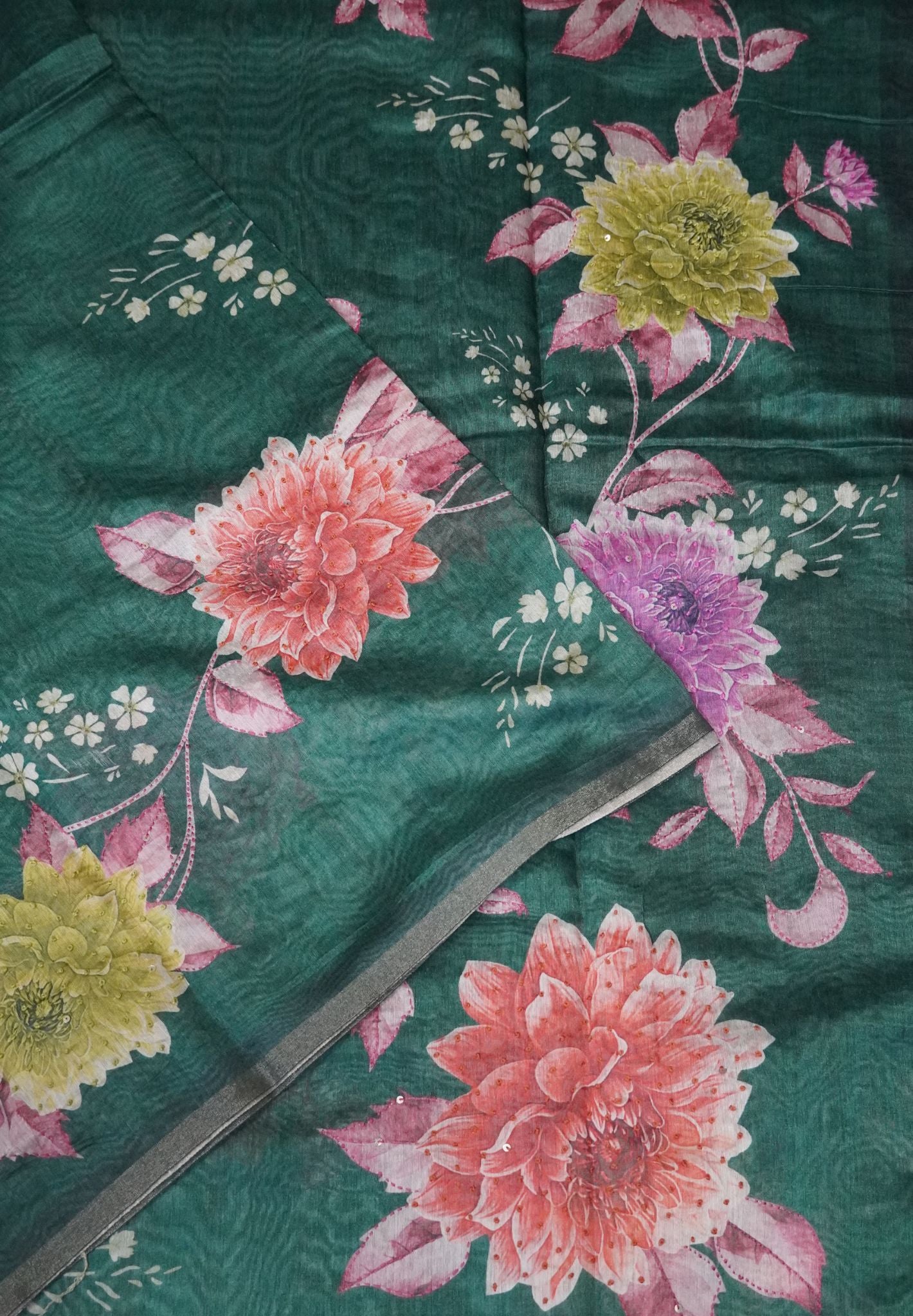 Chanderi Saree-Green with French Knot and Kantha Work
