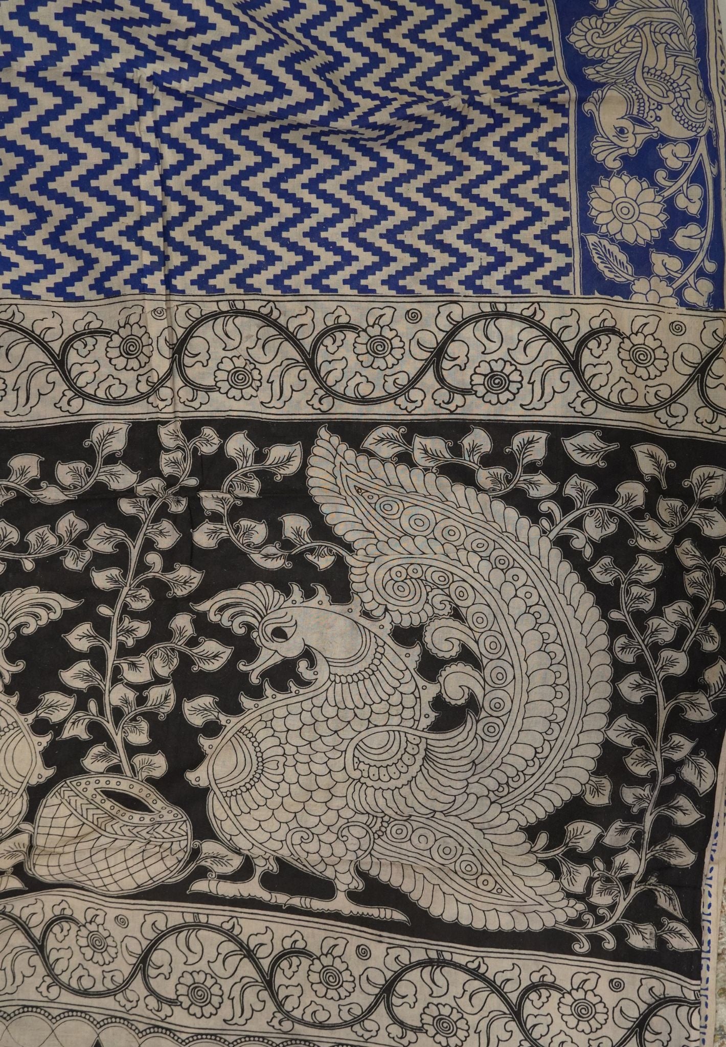 Kalamkari Cotton Saree – Blue & Ivory Heritage Print