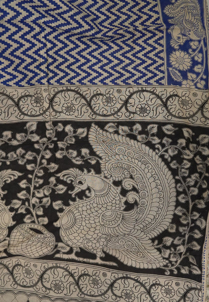 Kalamkari Cotton Saree – Blue & Ivory Heritage Print