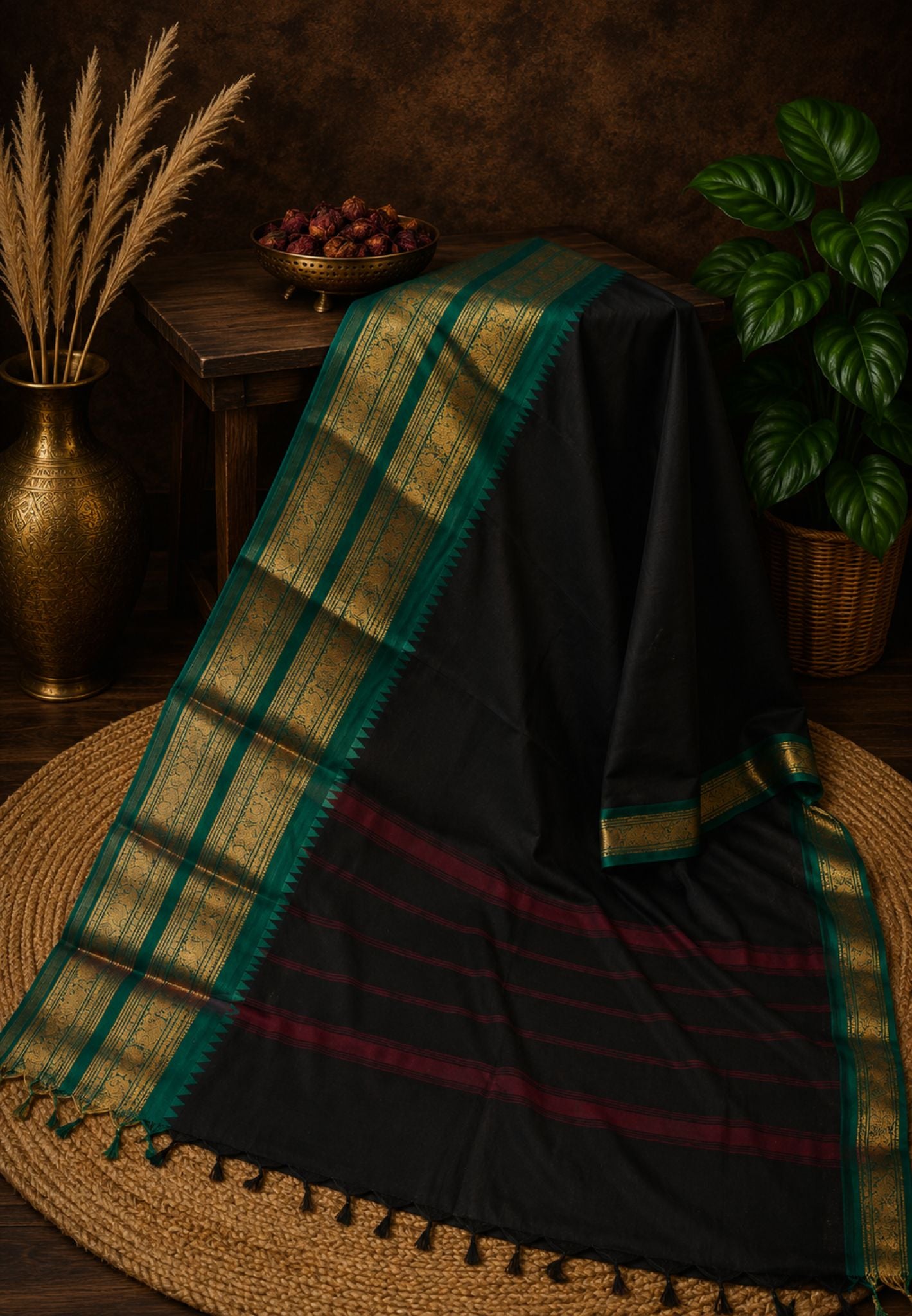 Chettinad Cotton Saree- Black with Contrast Border