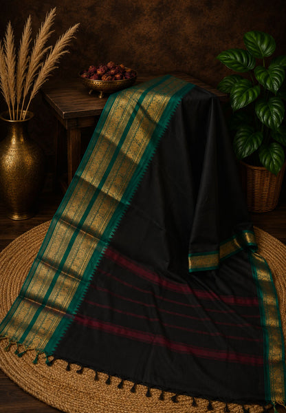Chettinad Cotton Saree- Black with Contrast Border