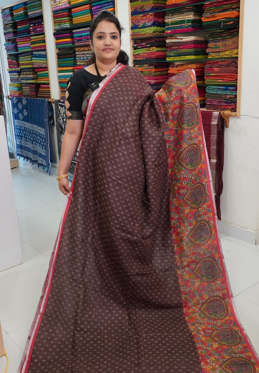 Pure Linen Saree - Kalamkari Brown