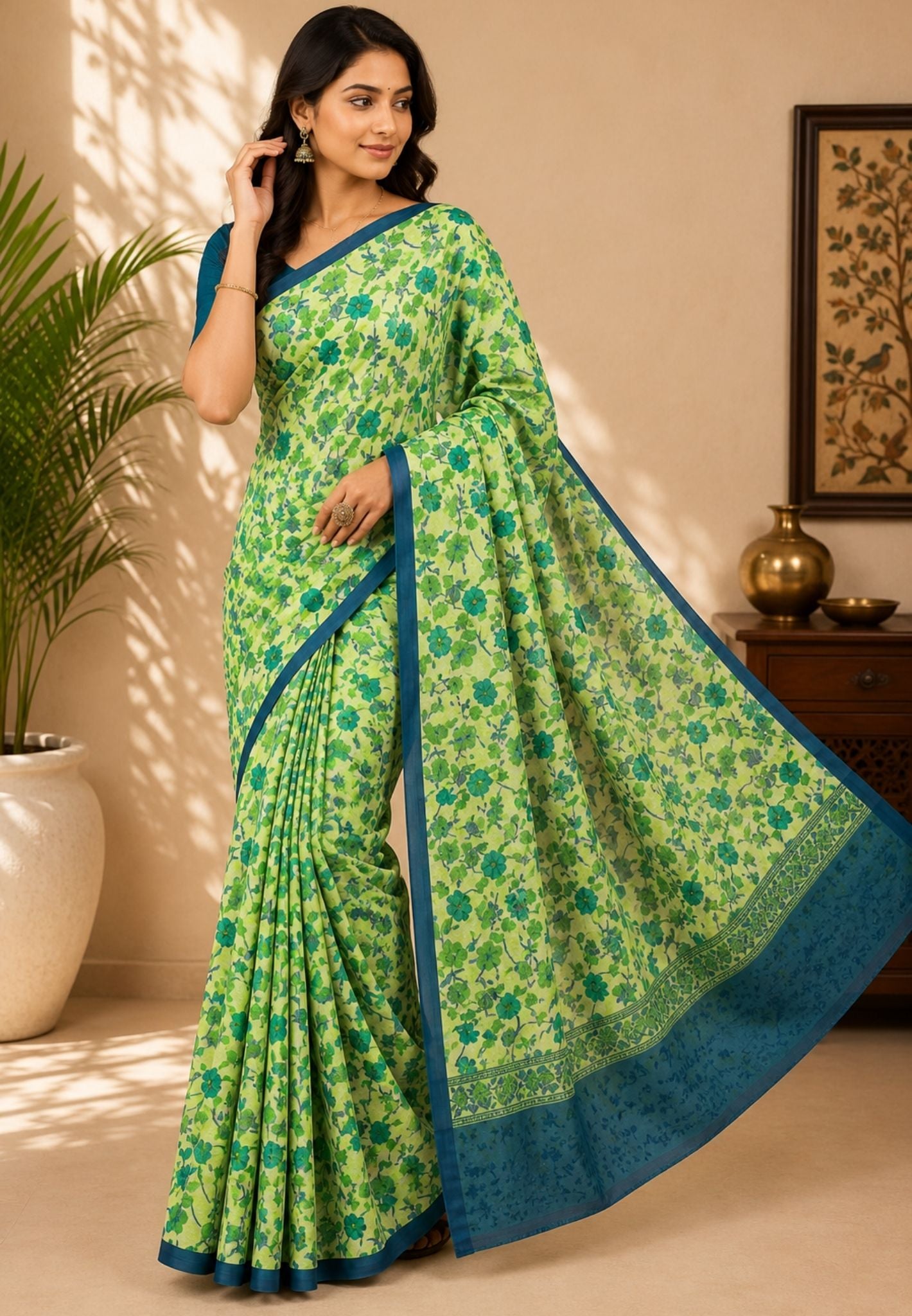 Pure Tussar Saree-Flourscent Green in Floral Pattern