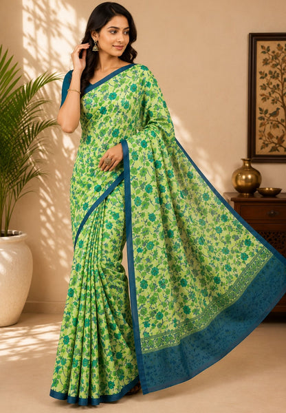Pure Tussar Saree-Flourscent Green in Floral Pattern