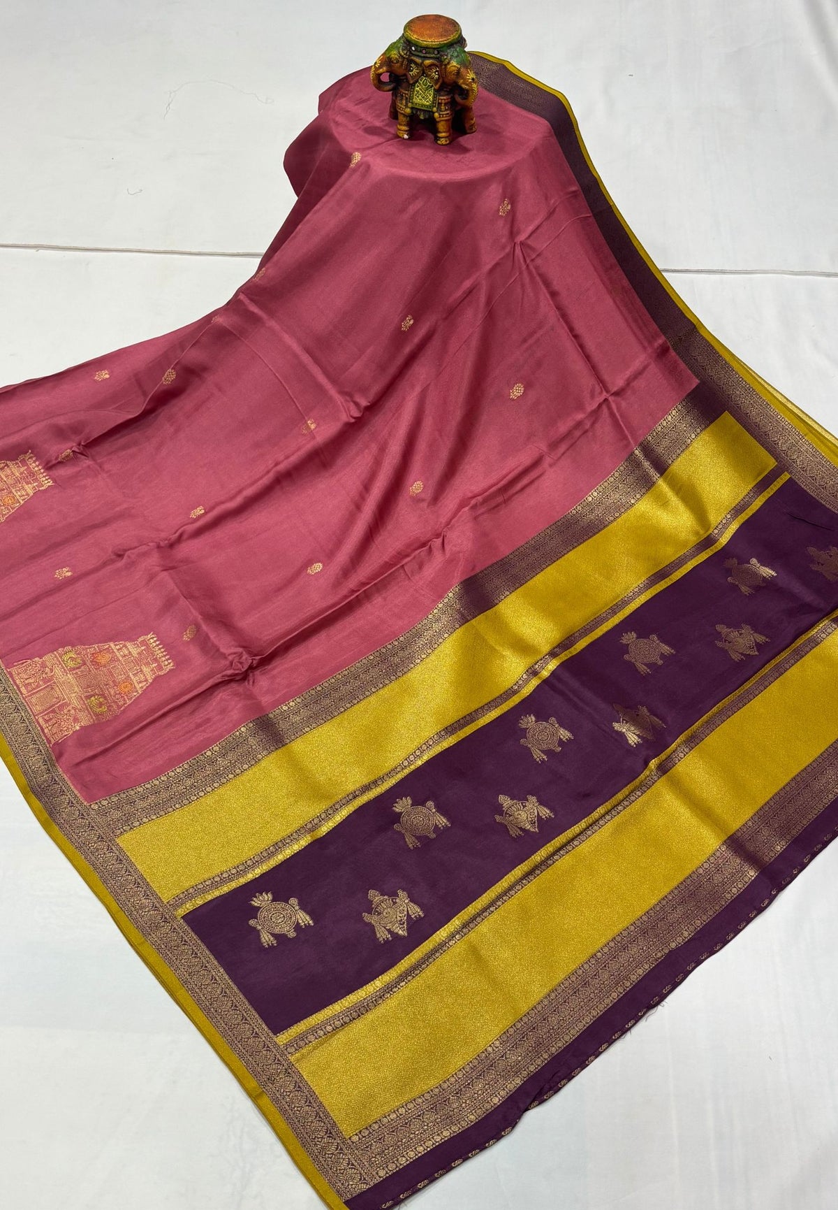 Art Mysore Silk Saree-Dusky Rose with Rajagopuram Zari Border
