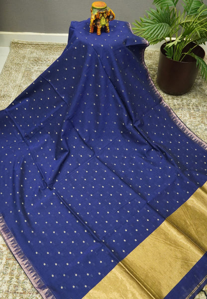 Handloom Cotton Saree-Navy Blue With Delicate Woven Buttas
