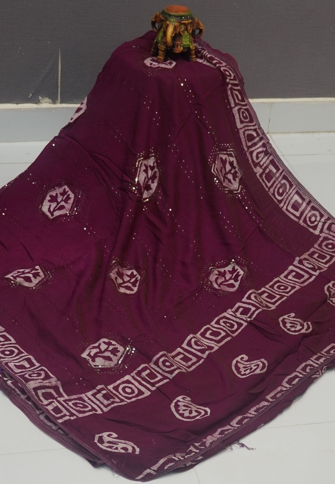Batick Cotton Saree- Wine with Sequence Work
