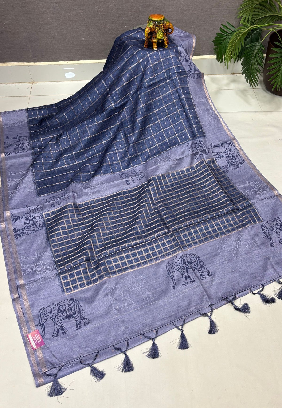 Semi Tussar Saree-Blue in Traditional Elephant Motif Zari Border