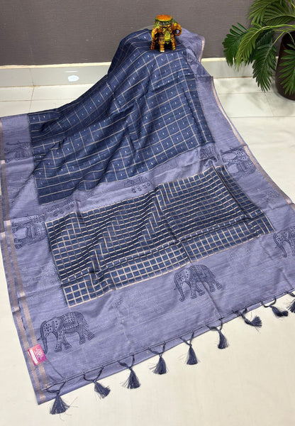 Semi Tussar Saree-Blue in Traditional Elephant Motif Zari Border