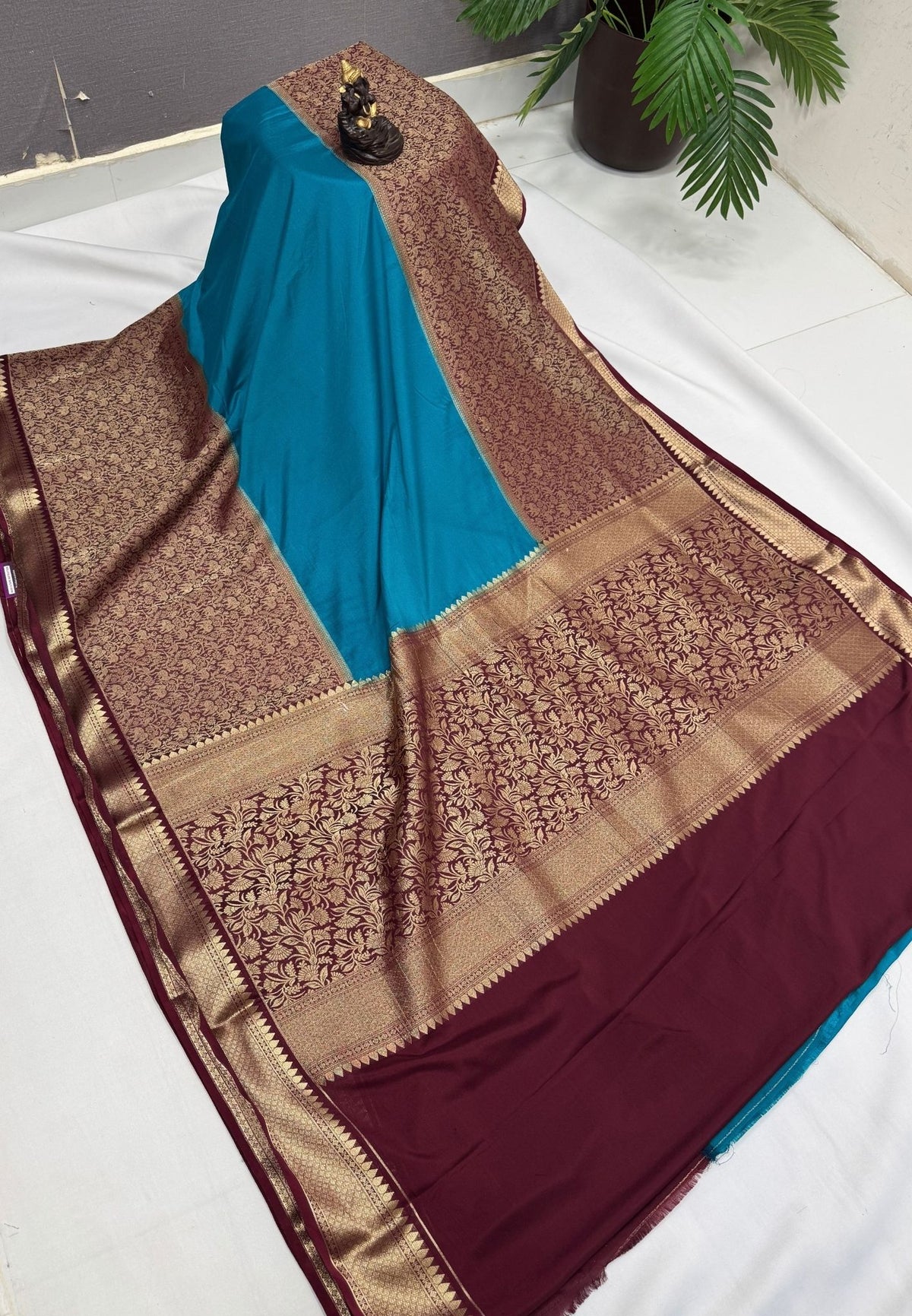 Art Mysore Silk Saree-Ramar Blue-Maroon In Floral Zari With Contrast Border
