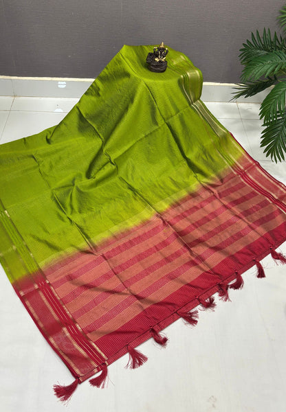 Mulberry Silk Saree-Light Green In Striped Zari With Contrast Border