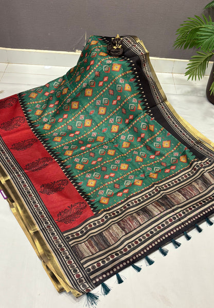 Kota Saree-Green With Geometric Dot & Stripe Border