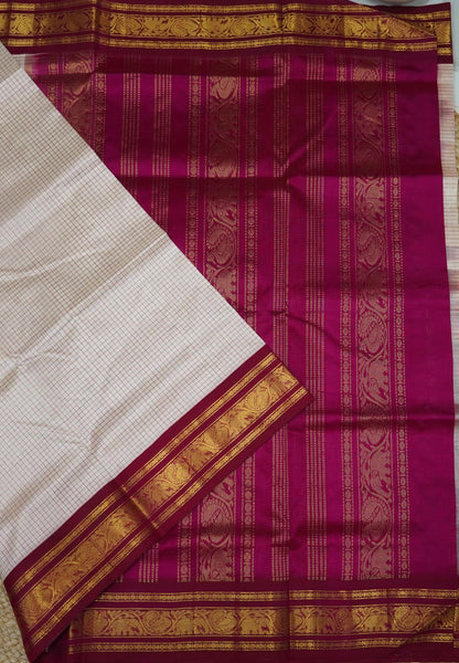 Pure Silk Cotton Saree-Off White in Checks with Annapakshi Zari Border