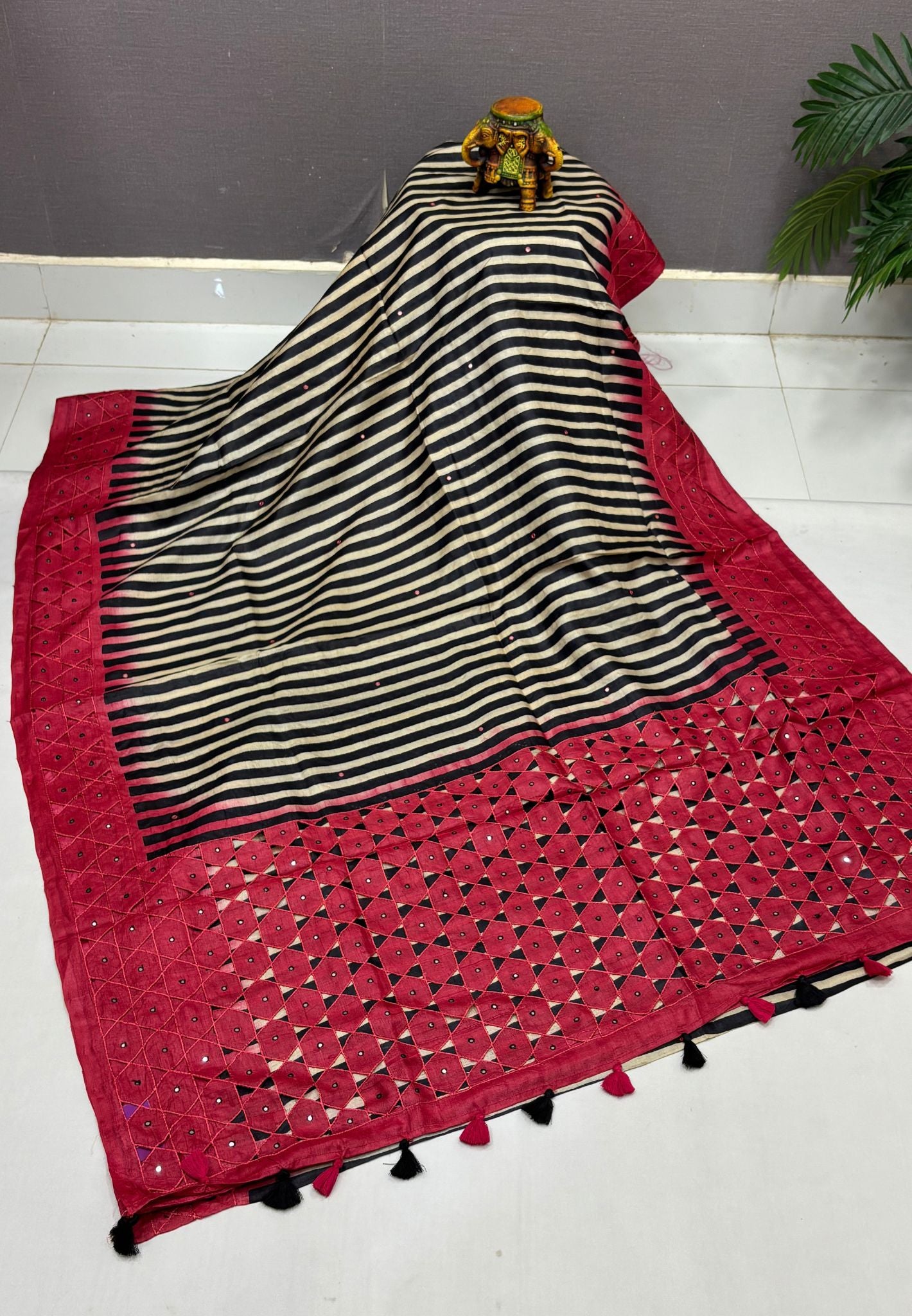Pure Tussar Saree-Red In Striped Geometric With Contrast Border