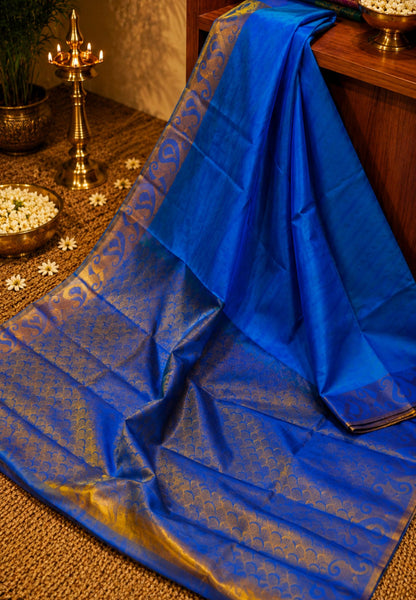 Pure Kanchipuram Silk Saree -Blue  with Self Emboss