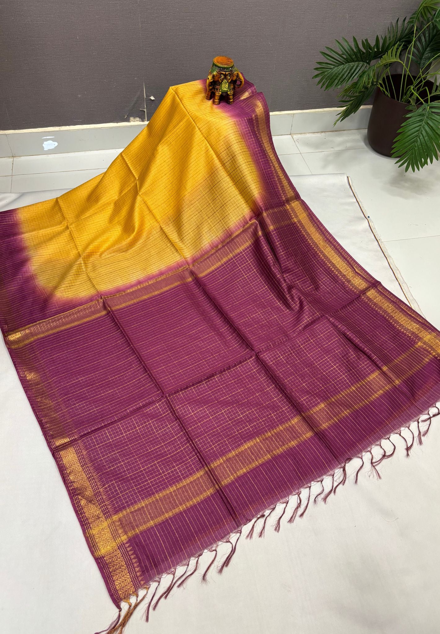 Semi Bhagalpur Tussar Saree-Yellow in Zari checks with Contrast Border