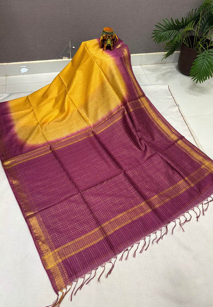 Semi Bhagalpur Tussar Saree-Yellow in Zari checks with Contrast Border
