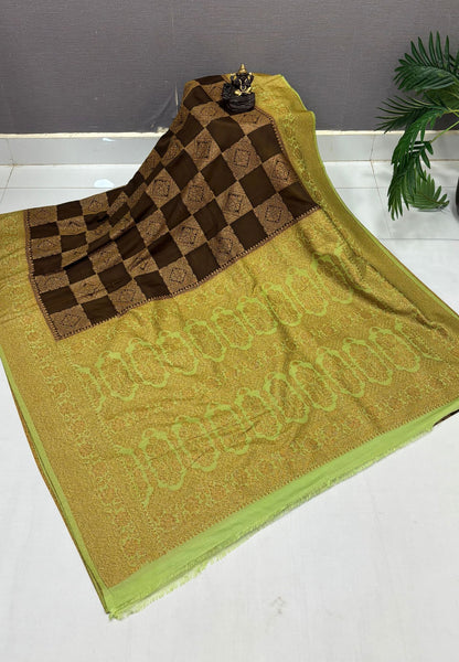 Banarasi Crepe Saree-Khaki In Square Check Brocade With Contrast Border