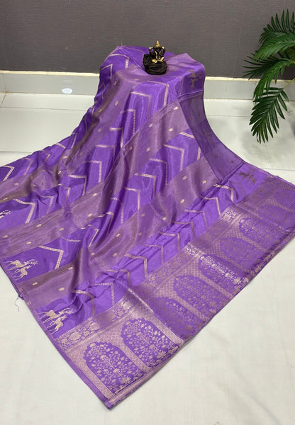 Banarasi Crepe Saree-Lavender In Deer Motif Zari Border