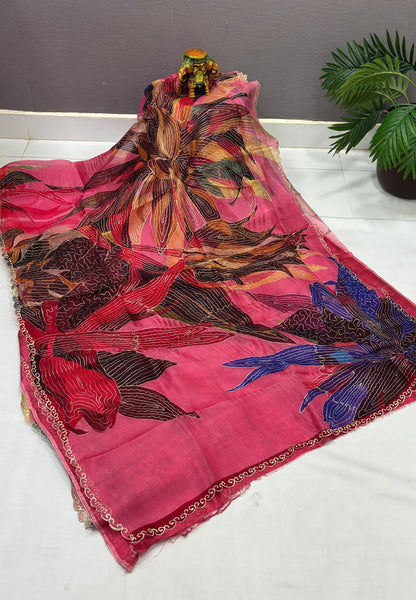 Pure Organza Saree-Dark Pink In Curved Scroll Zari Border
