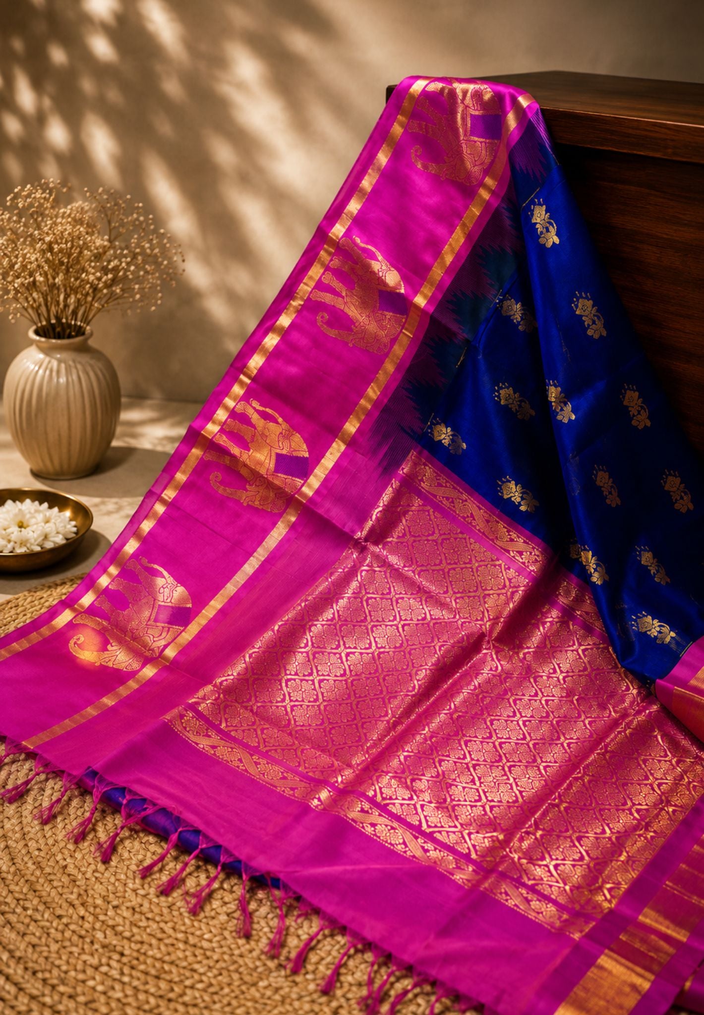 Silk Cotton Saree-Navy Blue-Pink Elephant Zari Border