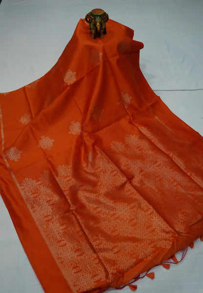 Semi Raw Silk Saree - Orange in Kolam Pattern