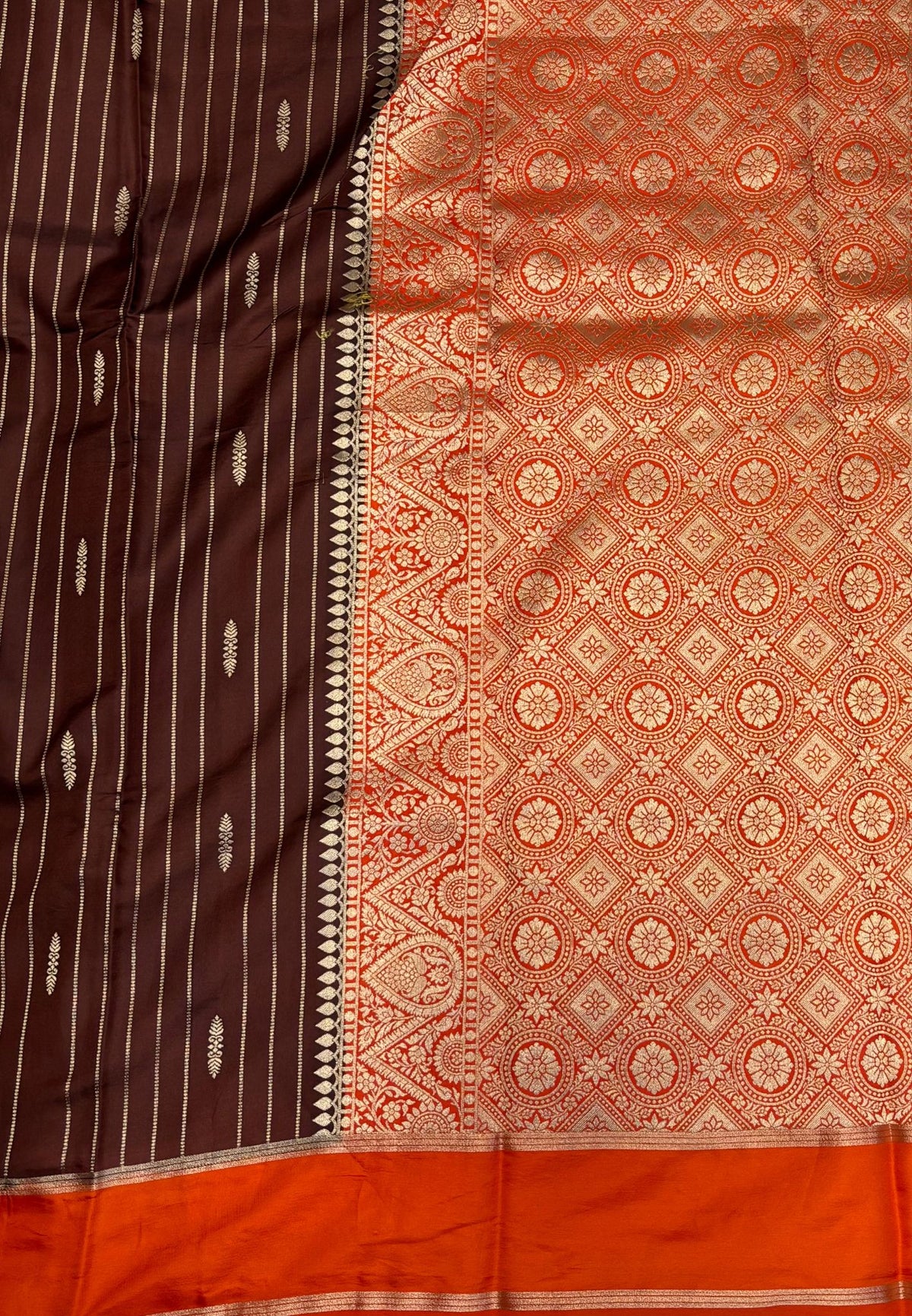 Gaji Silk Saree-Brown in Intricate Geometric Floral Zari with Contrast Border