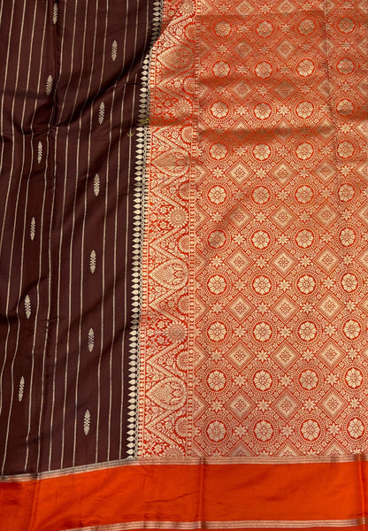 Gaji Silk Saree-Brown in Intricate Geometric Floral Zari with Contrast Border