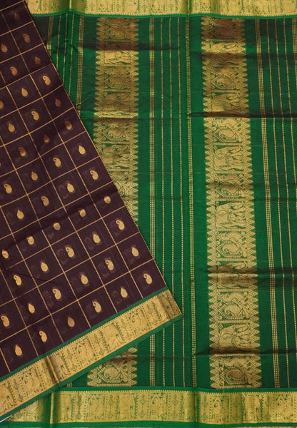 Pure Silk Cotton Saree – Coffee Brown with Buttas in Checked Pattern