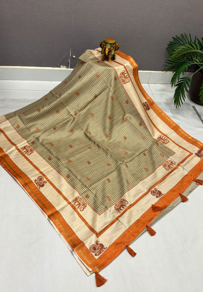 Semi Tussar Saree-Olive Green with Podi Kattam