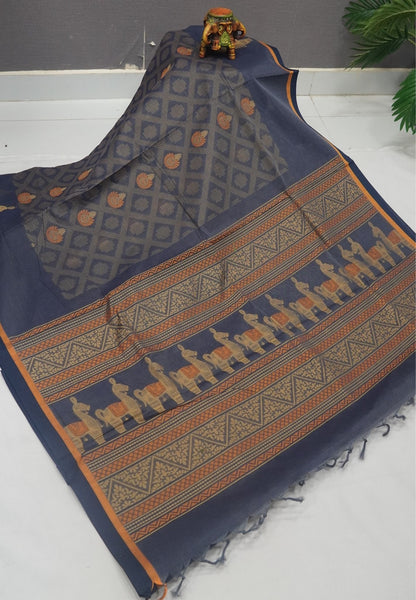 Cotton Saree-Greyish Blue in Thread Work