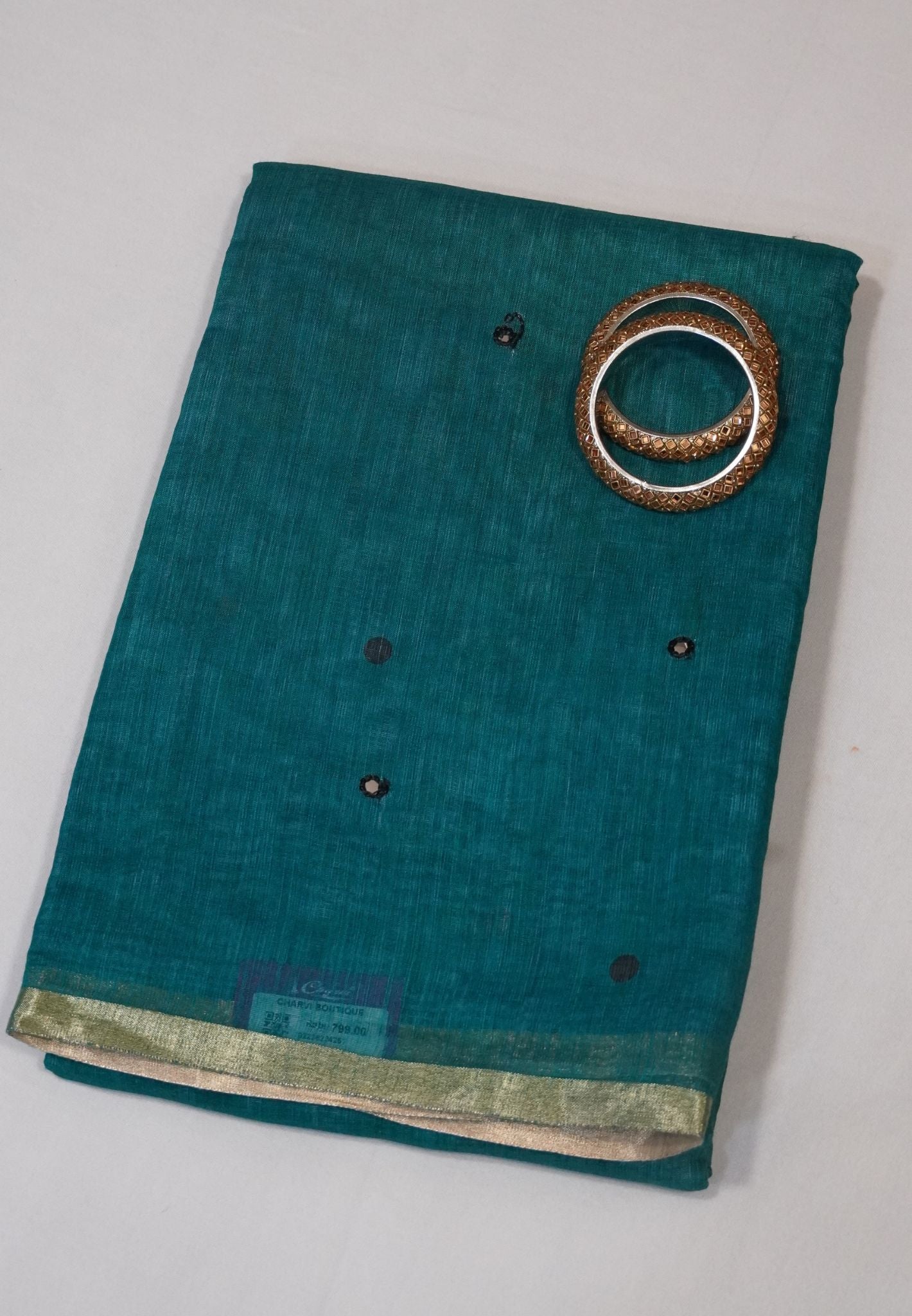 Linen Saree - Green with Mirror Work