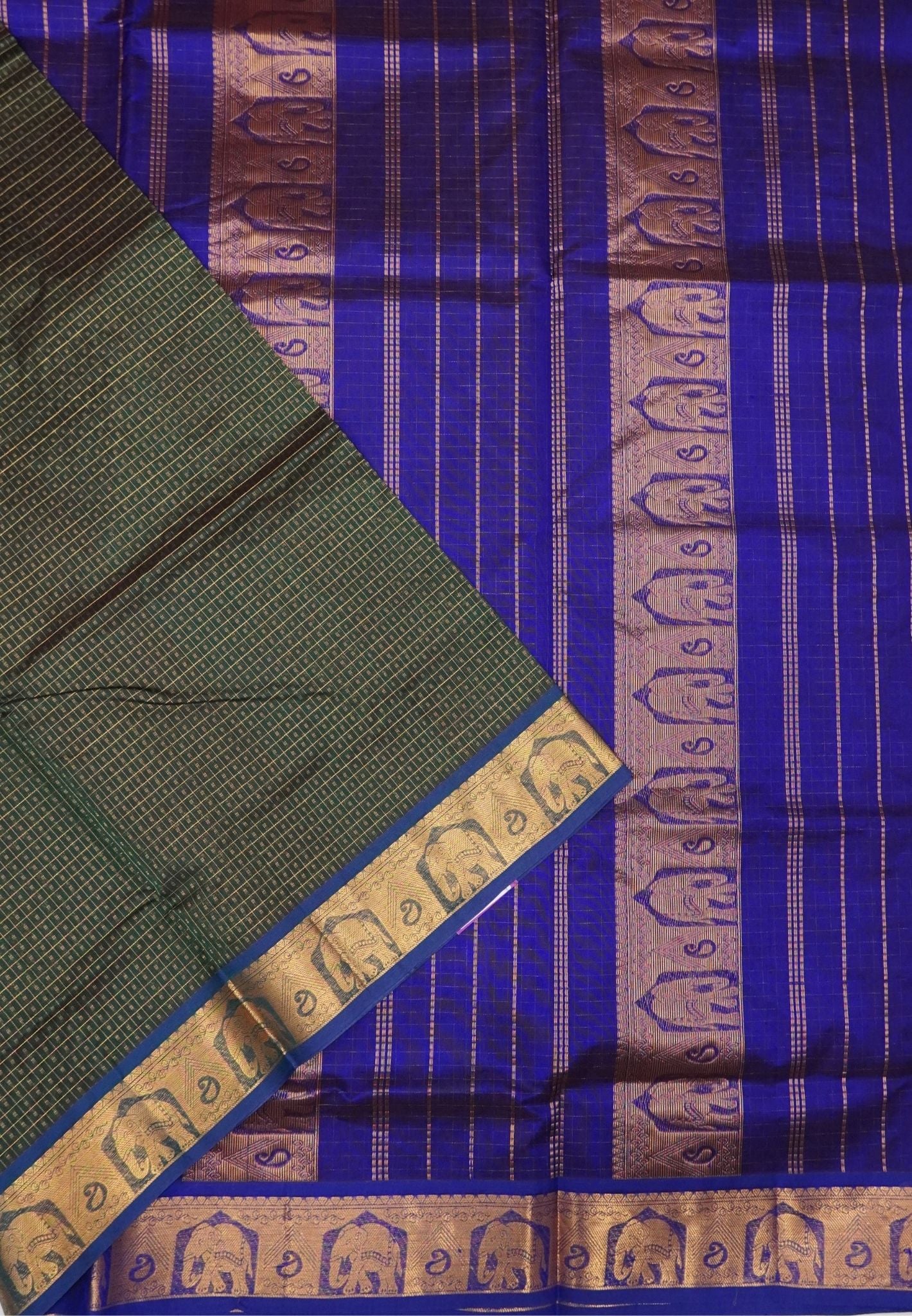 Pure Silk Cotton Saree-Bottle Green with Contrast Border in Laksha Deepam