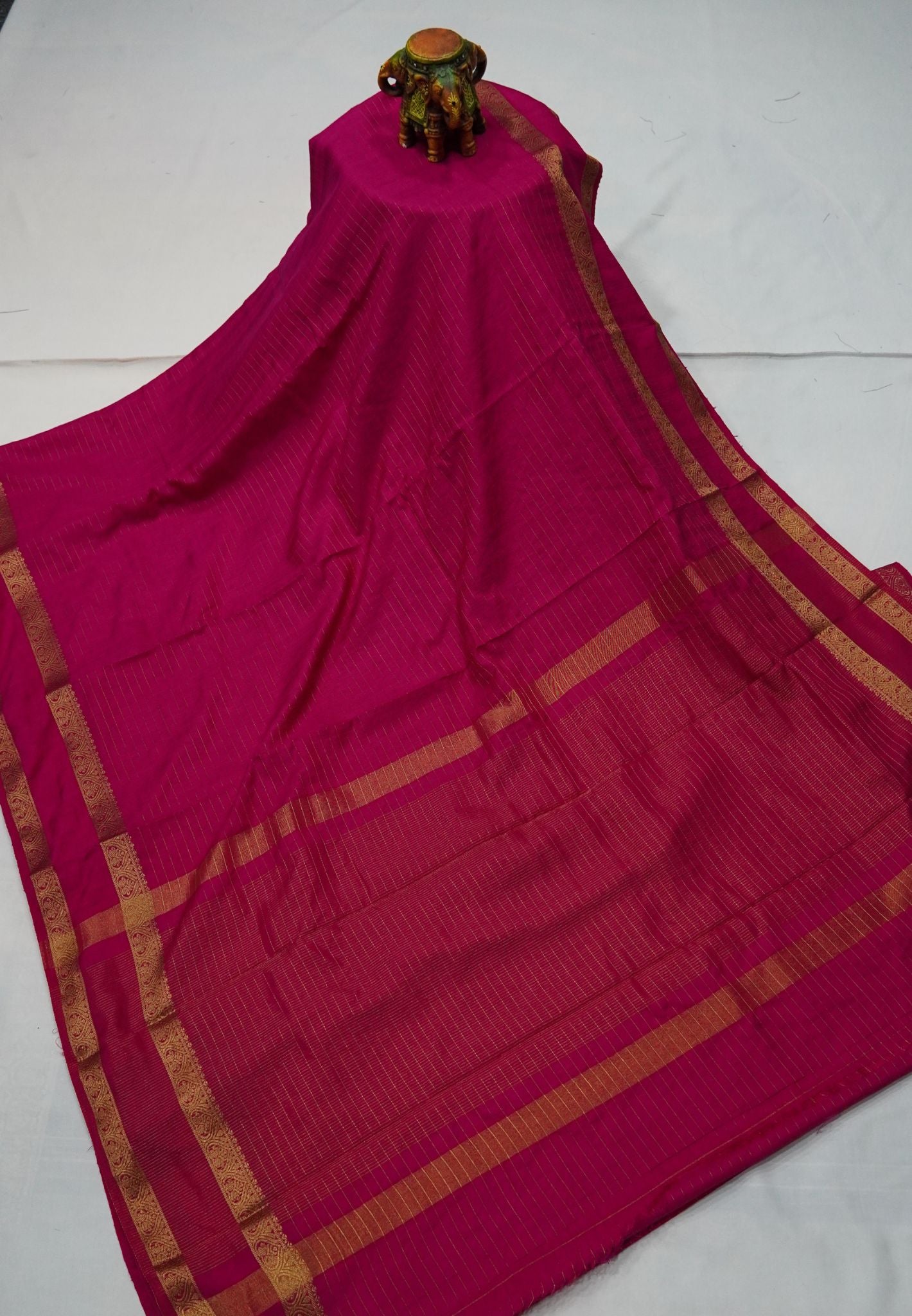 Semi Raw Silk Saree – Classic Zari Stripes - Rani Pink