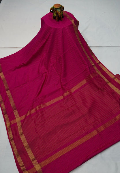 Semi Raw Silk Saree – Classic Zari Stripes - Rani Pink